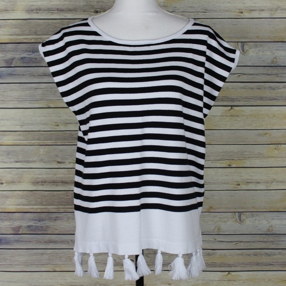 Boston Proper Tops - Boston Proper Striped Tassel Cap Sleeve Knit Top S